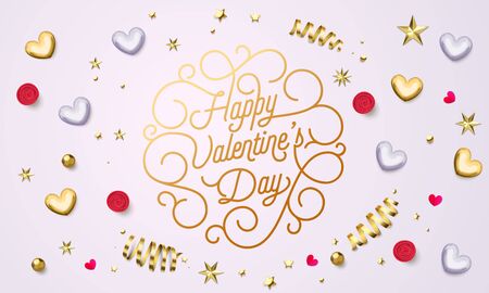 Valentine Day greeting card gold calligraphy text design template. Vector Happy Valentines Day gold ornate lettering and golden glitter heart and star confetti decoration on white backgroundのイラスト素材