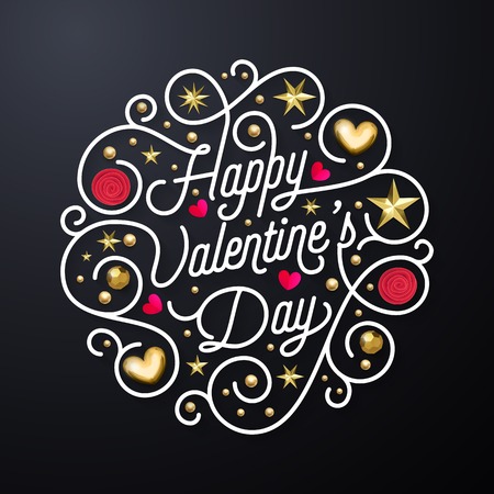 Valentine;s day greeting card gold calligraphy text design template. Vector Happy Valentine's day gold ornate lettering and golden glitter heart and star confetti decoration on black background.のイラスト素材