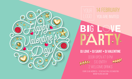 Valentine Day party invitation design template of golden text and heart or flowers decoration. Vector Happy Valentines Day party celebration invite of golden glitter star confetti on pink backgroundのイラスト素材