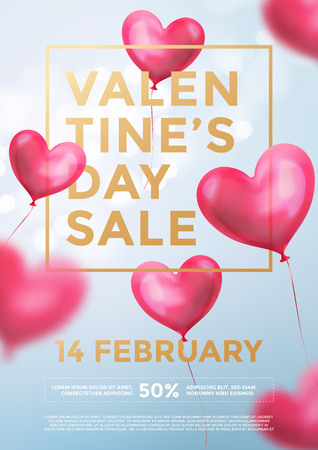 Valentine day sale web banner of red heart balloons in light shine on blue background. Vector Valentines day sale golden text for holiday shop discount promo design template of heart air ballonsのイラスト素材