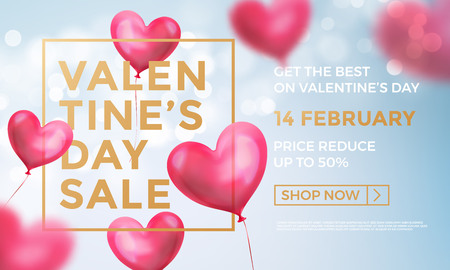 Valentines day sale web banner of valentine red heart balloons on blue shine background. Vector Valentines day sale golden text for holiday shop discount promo design template of air ballon heartsのイラスト素材