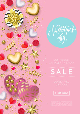 Valentines day sale web banner background of hearts and gold glitter confetti or flower pattern for holiday discount store. Vector Valentine shopping poster of glittering gold design templateのイラスト素材