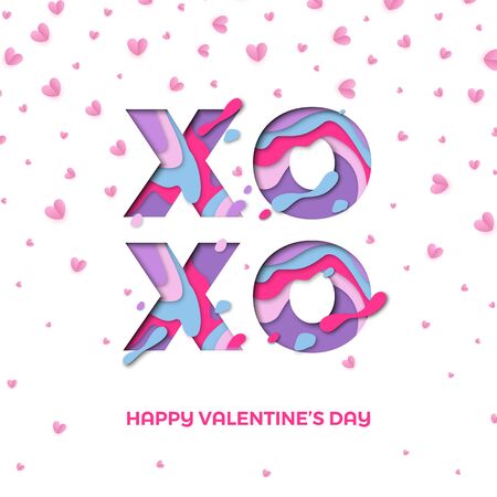 XO XO Valentines day paper cut text design for valentine greeting card of red hearts confetti on white background. Vector Happy Valentine day holiday falling hearts and paper cut design template.のイラスト素材