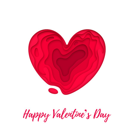 Valentines day card with vector papercut heart on white background. Romantic Valentine greeting card design template. Vector paper cut with hand drawn text love conceptのイラスト素材