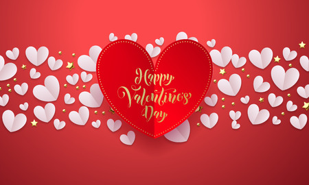 Vector Valentines background with romantic red paper cut heart pattern with gold calligraphy lettering text Valentine's Day for love concept. Wedding background template designのイラスト素材