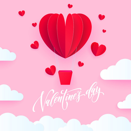 Valentine heart air ballon for Valentine's day holiday card. Hot red air baloon paper art greeting card with white cloud pattern on pink background. Vector Happy Valentines Day text lettering designのイラスト素材