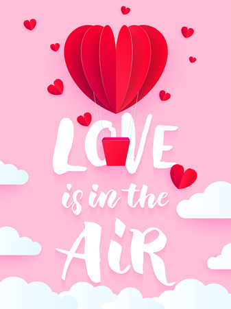 Valentine heart air ballon for Valentine's day holiday card. Love is in the air text with red hot air baloon paper art greeting card and white cloud pattern on pink background.のイラスト素材