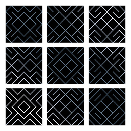 Silver abstract geometric seamless pattern tile backgrounds set with glittering mesh texture. Vector pattern of rhombus and metal line nodes for luxury silver geometry backdrop black design templateのイラスト素材
