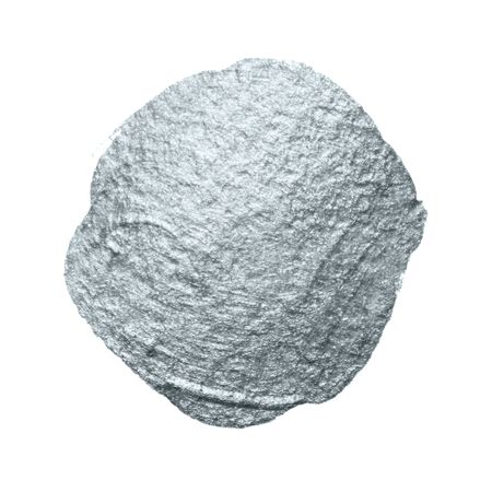 Silver paint brush circle stain stroke or abstract dab smear with silver glitter smudge texture on white background. Isolated glittering and sparkling silver paint or ink splash for luxury designの写真素材