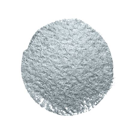 Silver glitter paint brush abstract dab stain smear with smudge texture on white background for luxury greeting card design template. Isolated glittering sparkling silver paint ink circle splash stainの写真素材