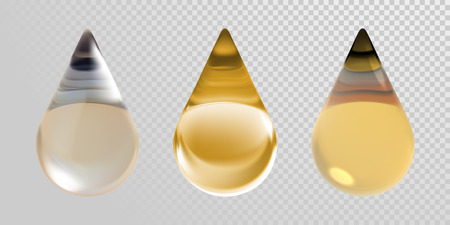 Gold oil drops isolated on transparent background. Realistic 3D vector clean oil essence droplets for cosmetic design.のイラスト素材