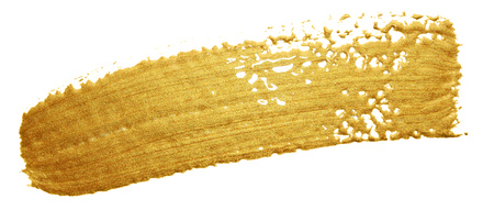Gold color paint brush stroke. Acrylic golden smear stain on white background. Abstract detailed gold glittering textured wet paint stroke for Christmas holiday card design templateの写真素材