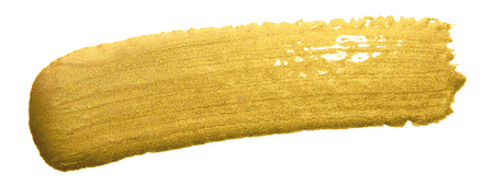 Gold paint brush smear stroke. Acrylic golden color stain on white background. Abstract gold glittering textured glossy illustration as design element for invitation, wedding or bithday card templateの写真素材