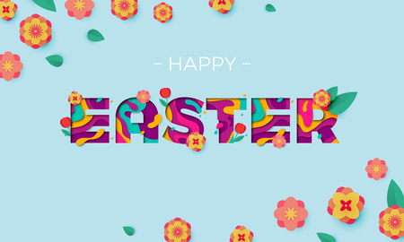 Happy Easter vector banner of paper cut text lettering with spring cherry and tulip flowers. Papercut Easter poster with modern colored egg and bunny pattern on blue background for banner templateのイラスト素材