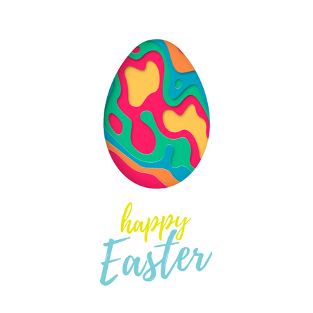 Vector Easter egg of colored paper cut. Happy Easter greeting card text with multi layered color paper isolated on white background. Papercut cute trend design illustration for poster, banner, flyerのイラスト素材
