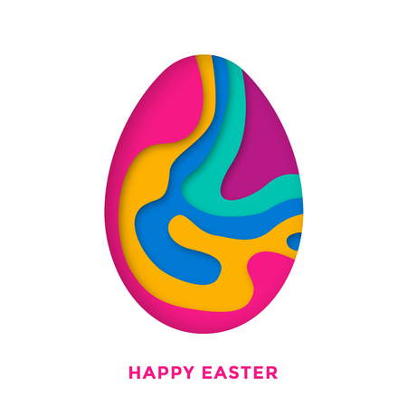 Easter egg paper cut design for Happy Easter greeting card. Vector card design with greeting text and colored Easter papercut egg illustration isolated on white background for poster, banner or flyerのイラスト素材