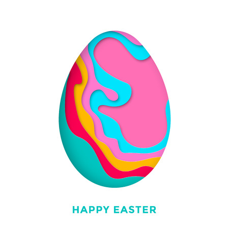 Happy Easter greeting card with Easter colored egg of paper cut design. Vector design with holiday greeting text and colored egg illustration isolated on white backgroundのイラスト素材