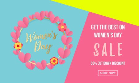 Women's day sale poster or banner with heart wreath for Mother's day holiday shop seasonal discount offer. Vector International Women's Day design template on green yellow pink backgroundのイラスト素材