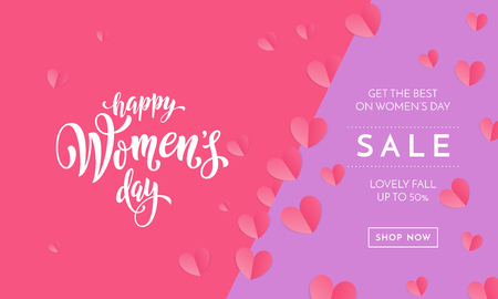 Women's day sale poster or banner for Mother's day holiday shop seasonal discount offer. Vector International Women's Day on 8 March design template of pink hearts pattern on purple pink backgroundのイラスト素材