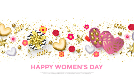 Women's day greeting card banner of gold heart, gift box decoration with chocolate candy in golden wrapper background.のイラスト素材