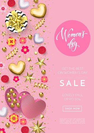 Women's day greeting card poster of gold heart, gift box decoration with chocolate candy in golden wrapper pink background for 8th of March.のイラスト素材