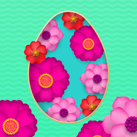 Happy Easter greeting card of egg paper cut and spring flowers pattern background for Easter Hunt holiday papercut designのイラスト素材