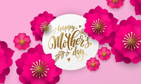 Mothers Day greeting card of red flower pattern and gold text on floral pink and red background for Mother Day holiday designのイラスト素材