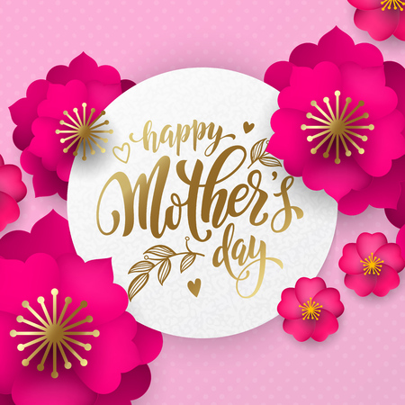 Mothers Day greeting card of red flowers pattern and gold text. Vector floral pink and red background for Mother Day holiday designのイラスト素材