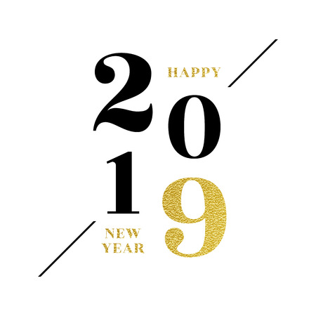Happy New Year 2019 greeting card of vector glitter gold Christmas confetti on premium white backgroundのイラスト素材