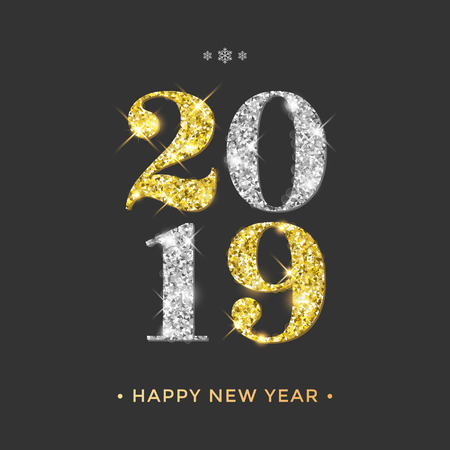 Happy New Year 2019 greeting card of golden and silver glitter confetti on vector premium black background for Christmas celebrationのイラスト素材