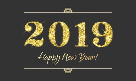 Happy New Year 2019 greeting card of glitter gold Christmas confetti on vector premium black backgroundのイラスト素材