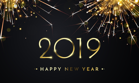 Happy New Year of glitter gold fireworks. Vector golden glittering text and 2019 numbers with sparkle shine for holiday greeting cardのイラスト素材