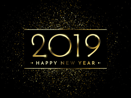 Happy New Year of glitter gold fireworks. Vector golden glittering text and 2019 numbers with sparkle shine for holiday greeting cardのイラスト素材