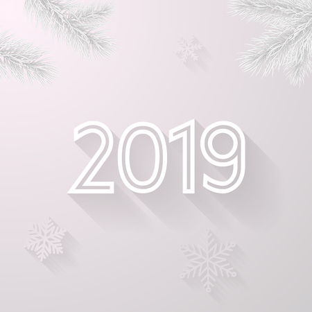 Happy New Year 2019 greeting card background of vector Christmas tree and snowflakes in frost for Christmas holiday celebrationのイラスト素材