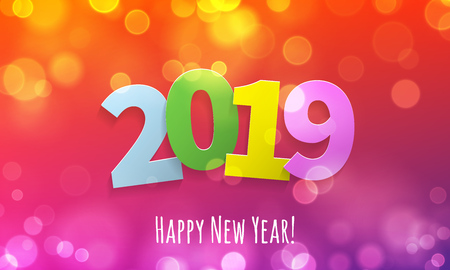 Happy New Year 2019 greeting card with vector bokeh lights of golden glitter and pink color for Christmas holiday celebration backgroundのイラスト素材