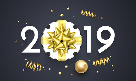 2019 Happy New Year greeting card of golden gift bow. Vector present decoration with sparkling glitter stars confetti for Christmas holiday celebration on black premium backgroundのイラスト素材