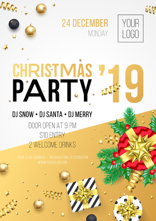 Christmas party invitation poster or card for 2019 Happy New Year holiday celebration. Vector new year gifts and golden stars with confetti glitter and giftsのイラスト素材