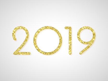 2019 Happy New Year greeting card of golden glitter. Vector sparkling light for Christmas holiday celebration on white shiny backgroundのイラスト素材