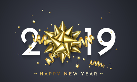 2019 Happy New Year greeting card of golden gift bow on present with sparkling glitter. Vector stars confetti for Christmas holiday celebration on premium white backgroundのイラスト素材