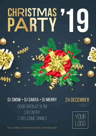 Christmas party invitation poster or card for 2019 Happy New Year holiday celebration with golden confetti glitter on vector black backgroundのイラスト素材