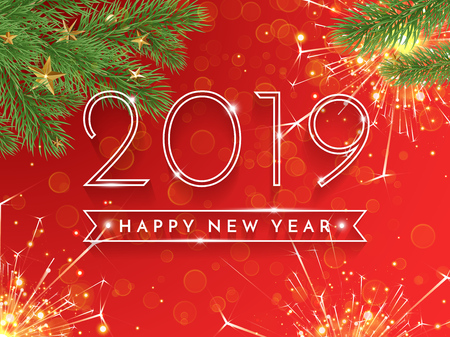 Happy New Year 2019 glitter gold greeting card of Christmas tree with sparkles and golden stars decoration on vector red sparkling background for holiday celebration designのイラスト素材