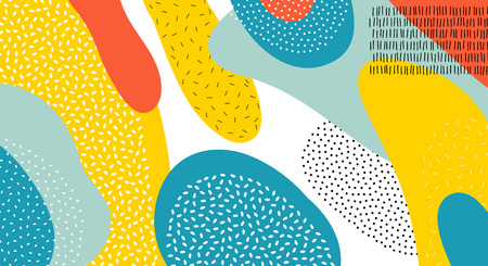 Abstract art color vector Memphis lines and dots pattern background of colorful oval or circle shapes in red, yellow, or blue on white background designのイラスト素材