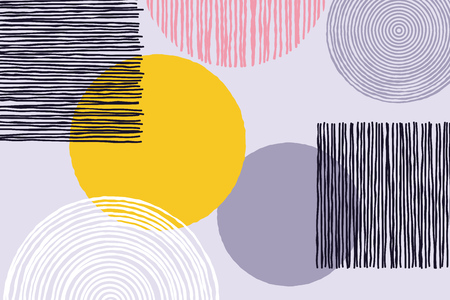Abstract patchwork pattern background of vector doodle sketch patch work or artwork with geometric circle and line art shapes on white backgroundのイラスト素材