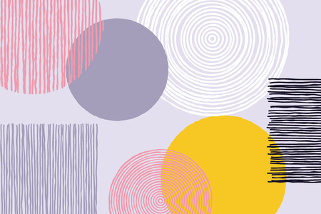 Abstract patchwork geometric line art pattern background of vector doodle sketch patch work or artwork with circle and square giclee shapes on white backgroundのイラスト素材