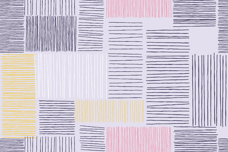 Abstract patchwork background of doodle line and strokes art pattern. Vector giclee sketch patch artwork with and square shapes pattern on white backgroundのイラスト素材