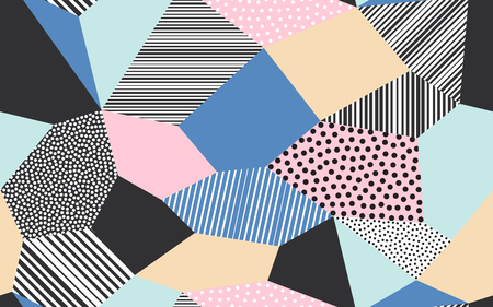 Abstract patchwork pattern background of vector patch artwork of giclee dots, lines and strokes shapesのイラスト素材