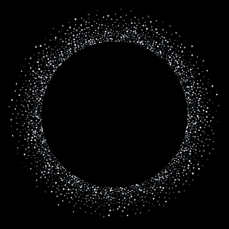 Silver confetti circle frame or shiny glitter particles background. Vector sparkling dots luxury fashion design for Christmas, New Year or birthday cardsのイラスト素材