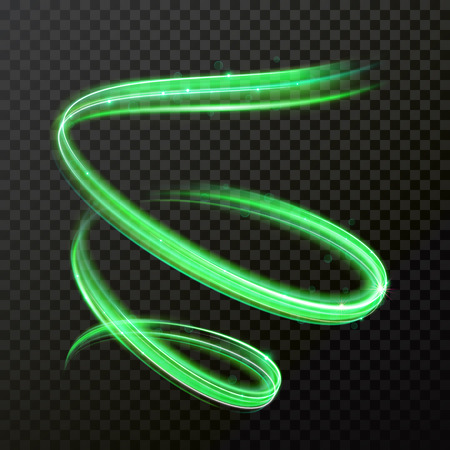 Green neon light. Vector shiny trace or spiral twirl trail with shine sparkle effect isolated on transparent backgroundのイラスト素材