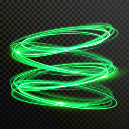 Green neon light circles. Vector abstract shiny trace or spiral twirl trail with shine sparkle effect isolated on transparent backgroundのイラスト素材