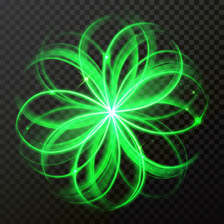 Green sparkle light circles or spin twirl with star flower glow effect. Vector abstract shiny trace or spiral trail of neon shine sparkleのイラスト素材